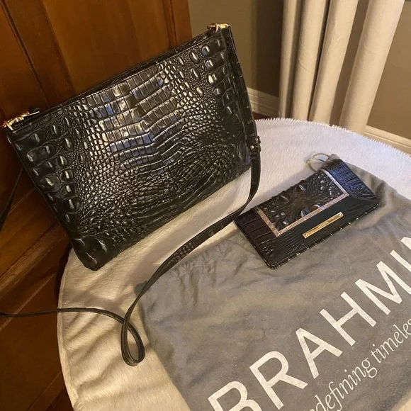 Brahmin Black vintage Embossed Crossbody Bag with matching wallet - Picture 3 of 4